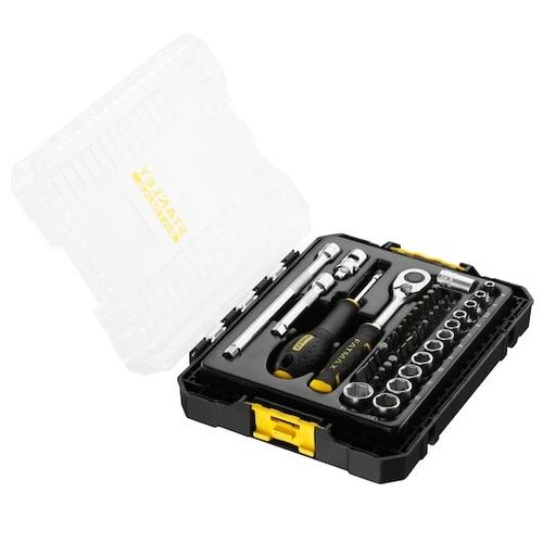 Set tubulare 48 piese STANLEY FATMAX FMMT98101-0, 1/4 inch M PRO-STACK, conectivitate PRO-STACK pentru solutii mobile, capac transparent pentru identificare rapida, clichet bi-material 120 dinti pentru precizie in spatii inguste