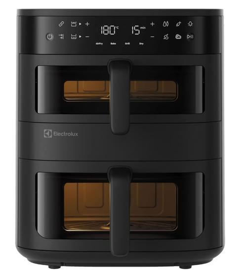 Friteuza dubla cu aer cald Electrolux Airfryer Seria 800 EAFD11B, 4 moduri de gatire, 2 cosuri de gatit iluminate, fereastra transparenta dubla si lumina, 11L, ecran tactil, tehnologie Meal Syncing (Negru)