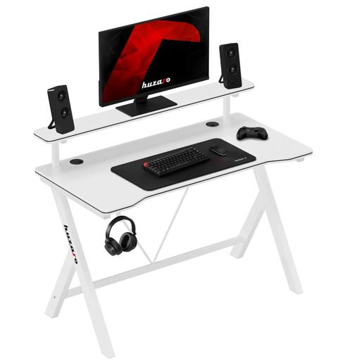 Birou Gaming Huzaro Hero 1.9, Acoperire din carbon, 120x60 cm, Carlig Casti, Raft suplimentar (Alb)