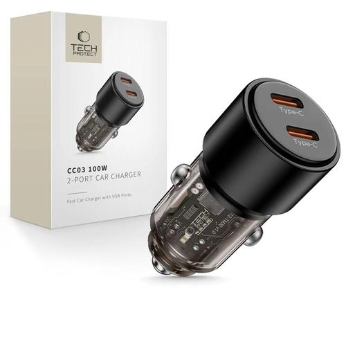 Incarcator auto Tech-Protect CC03, 2 porturi USB-C, incarcare rapida, set 1 bucata, Negru