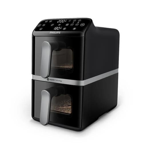 Friteuza cu aer cald Philips Stacked Dual Basket AirFryer Seria 4000 NA461/00, 2 cosuri (total 10l), 2750W, 40~200°C, Fereastra de gatit, 6 programe, 13 functii, Smart Copy, Shake, RapidAir (Negru)