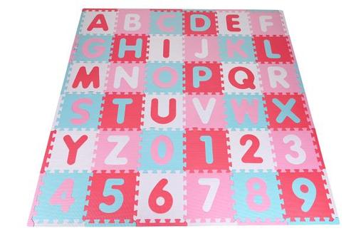 Covoras puzzle colorat Knorr Toys Cifre si Litere Pink Rosa, 110 piese, 180x180 cm, din spuma moale Eva, izolator si antiderapant, 0 Luni+