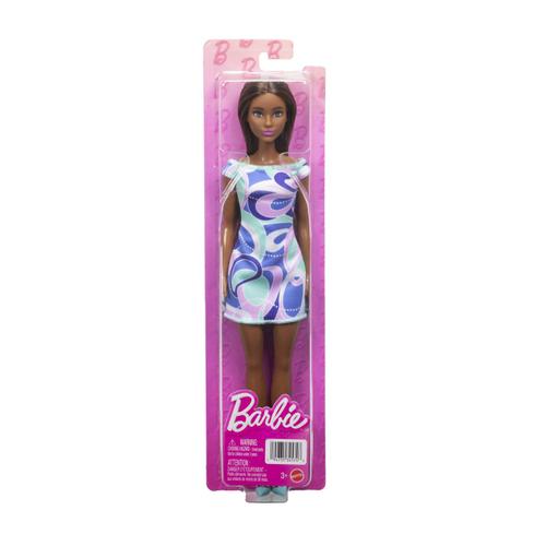 Papusa Barbie Bruneta cu rochie multicolora