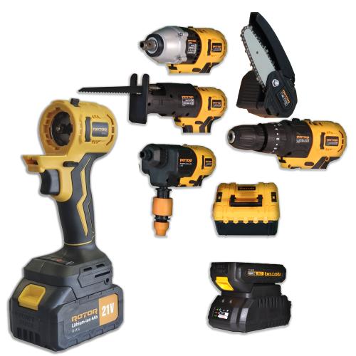Kit 5 scule cu acumulator Rotor JFCT001, Mandrila infiletare, Mandrila pistol pneumatic, Mandrila tip sabie cu lama, Mandrila tip fierastrau cu lant, Cap de insurubat pneumatic