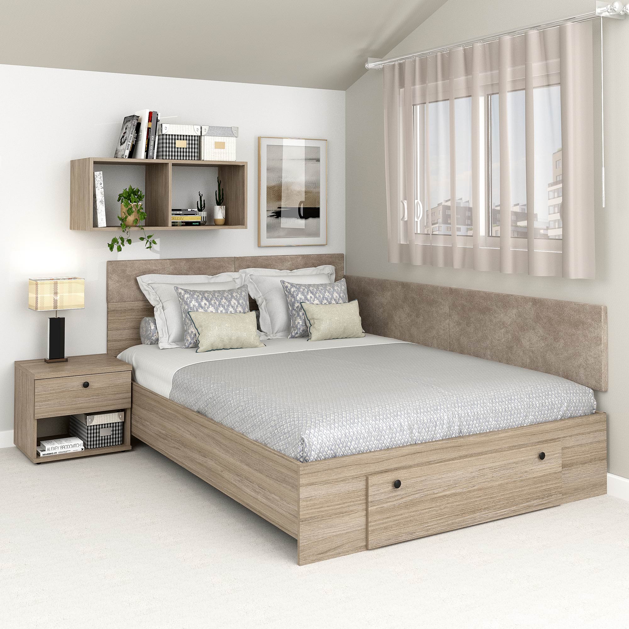 Pat colt AMBRO cu saltea inclusa, sertar frontal, 140x200, Oak