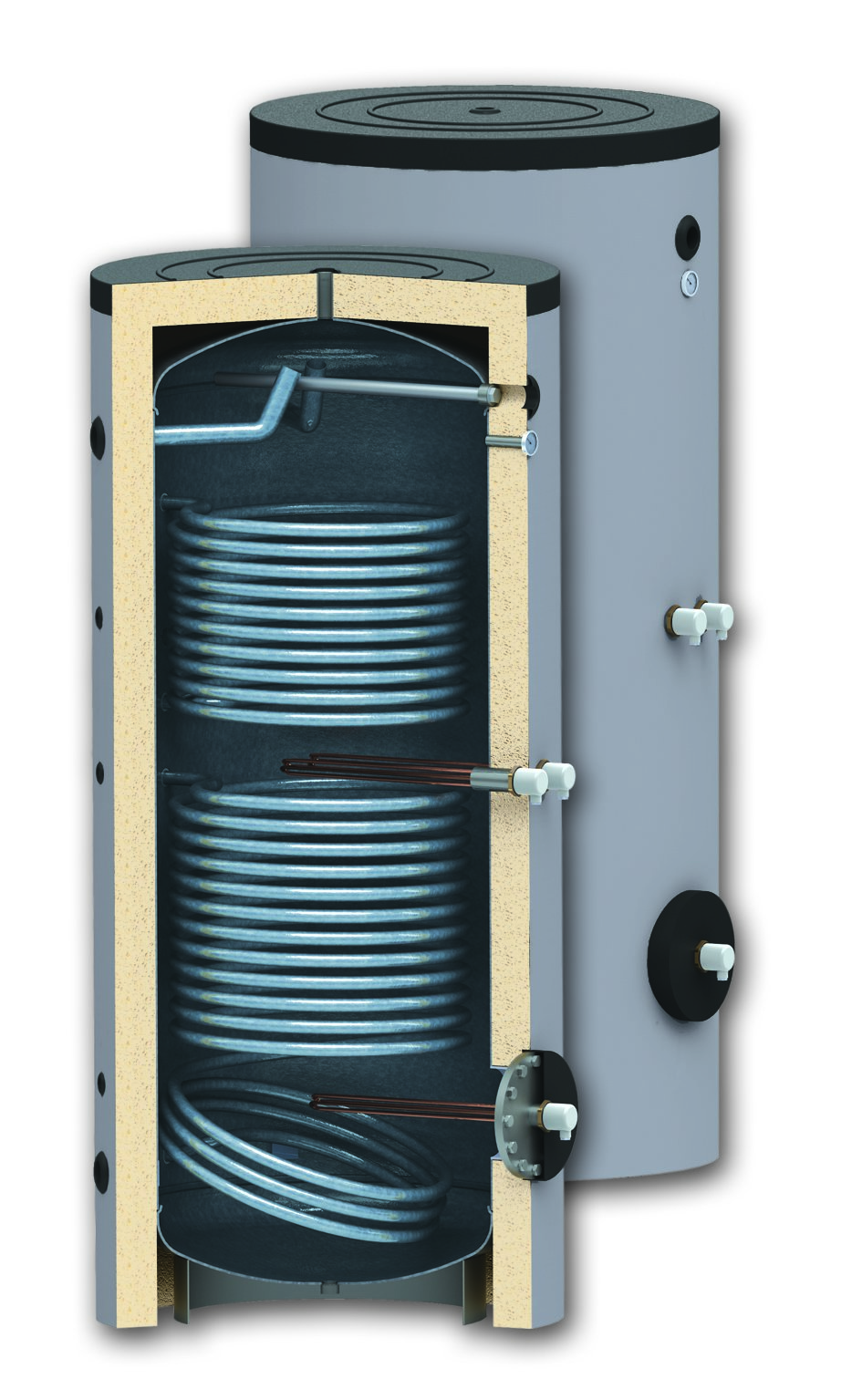 Boiler 1500 litri cu 2 serpentine SUNSYSTEM SON 1500, montaj pe sol, izolatie termica, manta de protectie , flansa de vizitare, emailat cu titan