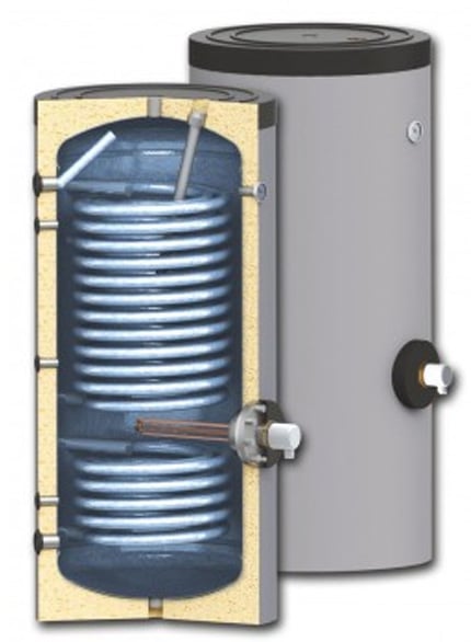 Boiler pentru pentru pompe de caldura Sunsystem SWP 2N 500 litri, cu doua serpentine, pentru conectarea la sisteme solare, de incalzire si sisteme cu pompe de caldura cu multi consumatori