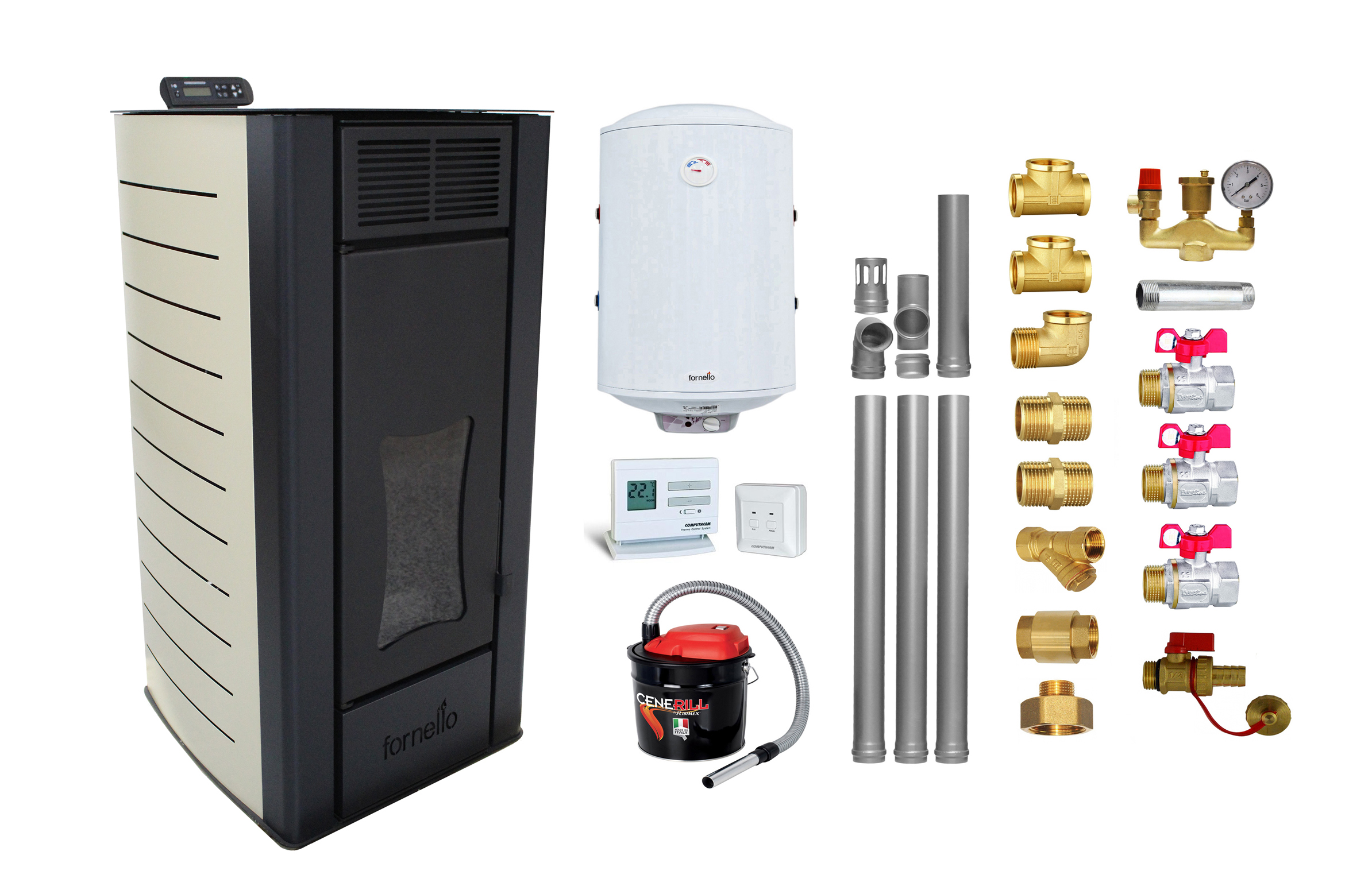Pachet Termosemineu peleti Fornello Premium W 25, 25 kw, culoare Ivory, complet echipat, pompa circulatie, vas expansiune, automatizare, kit evacuare 3.5 ml, Boiler Termoelectric Fornello 100 l, Termostat Radio Comanda Computherm Q3 RF, Asp