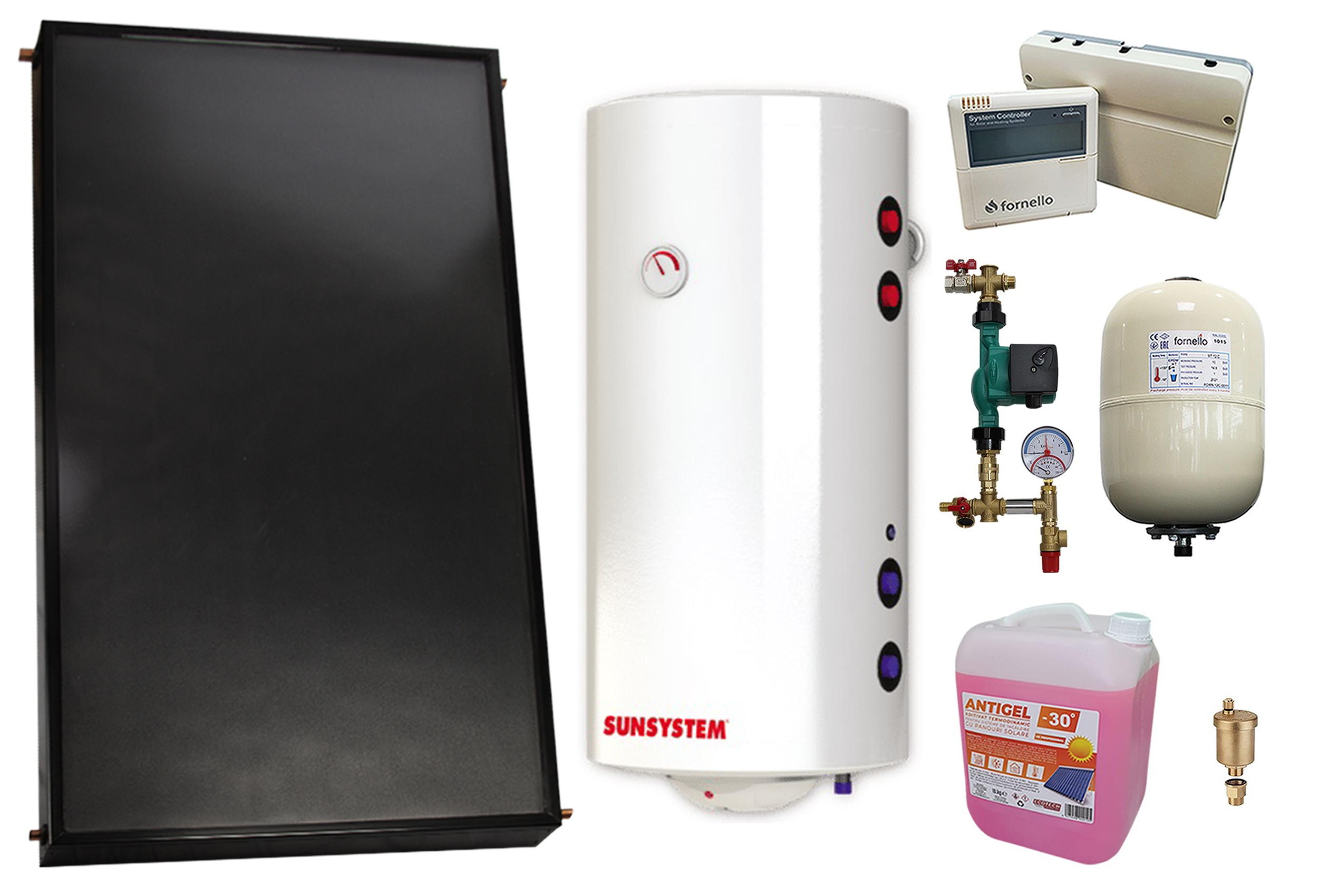 Pachet sistem solar presurizat, Panou solar plan Fornello 2.0 m² SPFP, Boiler cu 2 serpentine si rezistenta electrica Sunsystem MB NL2 100 litri, grup pompare, controller, vas expansiune, antigel, aerisitor 1/2
