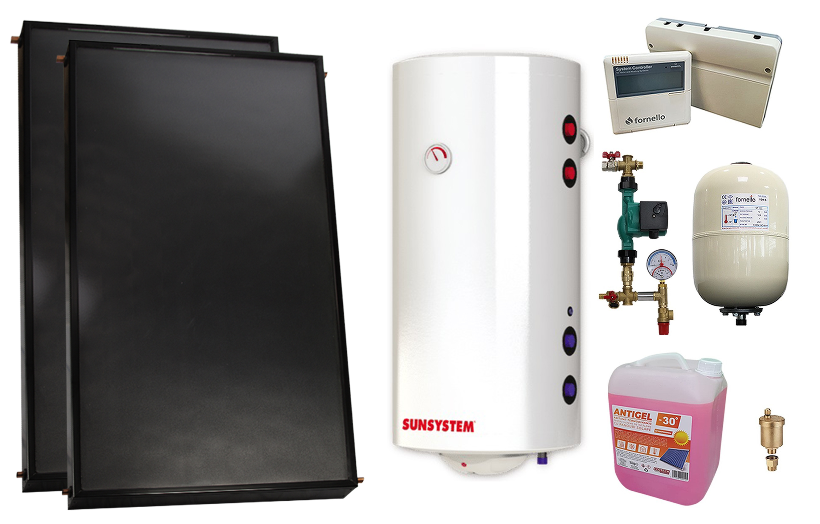 Pachet sistem solar presurizat, 2 x Panou solar plan Fornello 2.0 m² SPFP, Boiler cu 2 serpentine si rezistenta electrica Sunsystem BB NL2 200 PRL 3KW, grup pompare, controller, vas expansiune, antigel, aerisitor 1/2