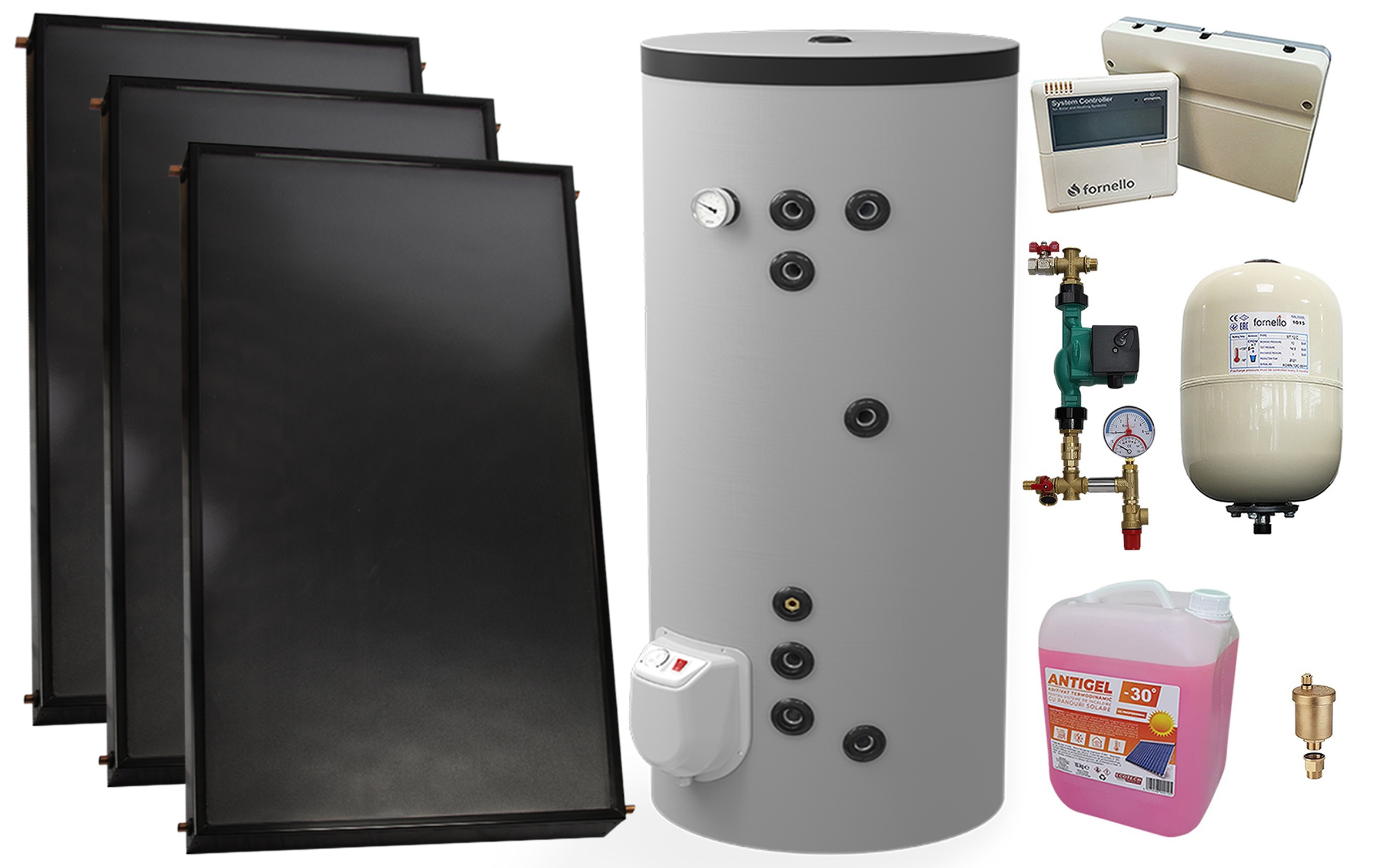 Pachet sistem solar presurizat, 3 x Panou solar plan Fornello 2.0 m² SPFP, Boiler cu 2 serpentine si rezistenta electrica  Eldom FV30067S21, 9000 W, 300 l, grup pompare, controller, vas expansiune, antigel, aerisitor 1/2