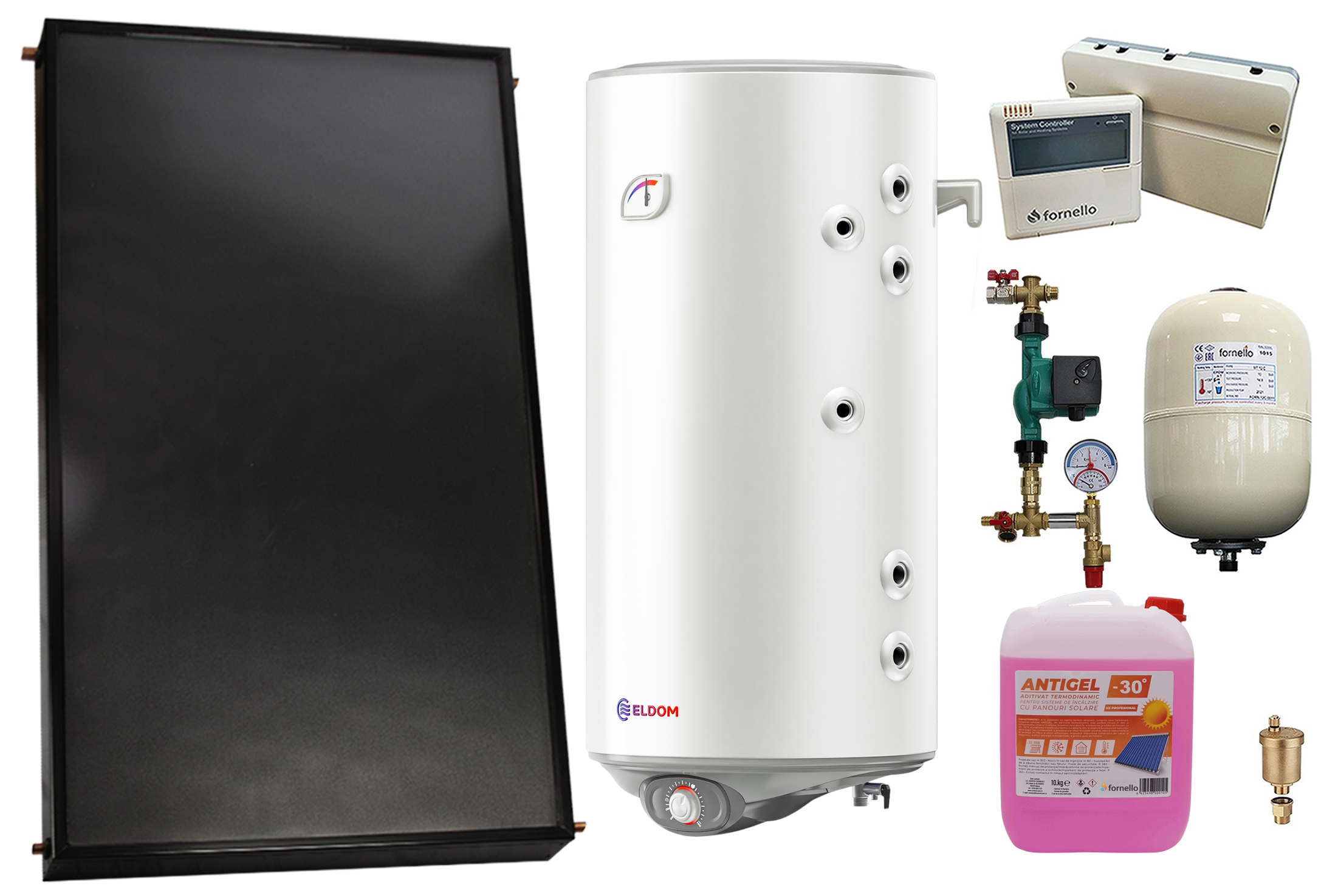 Pachet sistem solar presurizat, Panou solar plan Fornello 2.0 m² SPFP, Boiler cu 2 serpentine si rezistenta electrica Eldom WV10046S21R 100 l, grup pompare, controller, vas expansiune, antigel, aerisitor 1/2