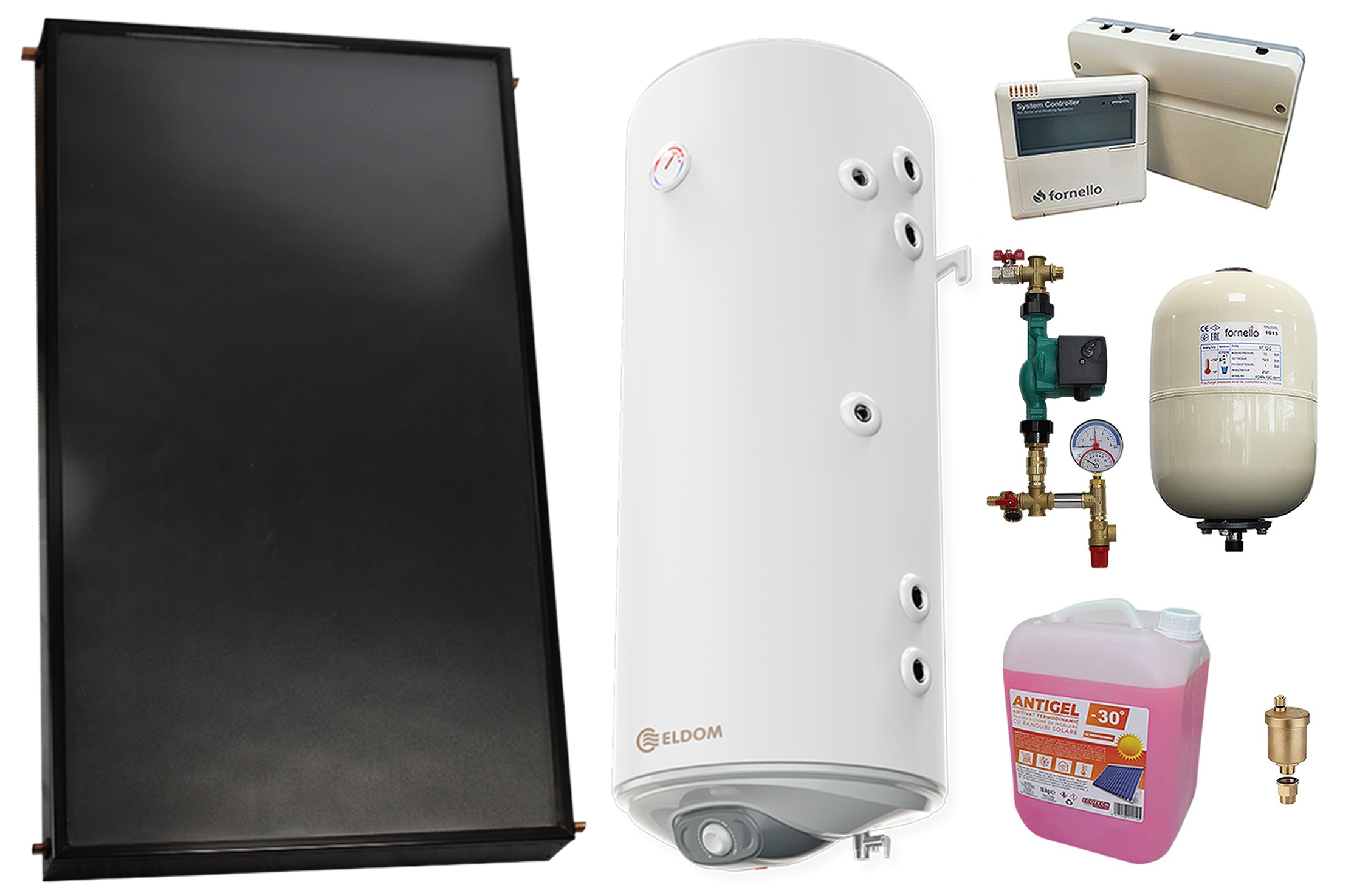 Pachet sistem solar presurizat, Panou solar plan Fornello 2.0 m² SPFP, Boiler cu 2 serpentine si rezistenta electrica Eldom WV12046S21R 120 l, grup pompare, controller, vas expansiune, antigel, aerisitor 1/2
