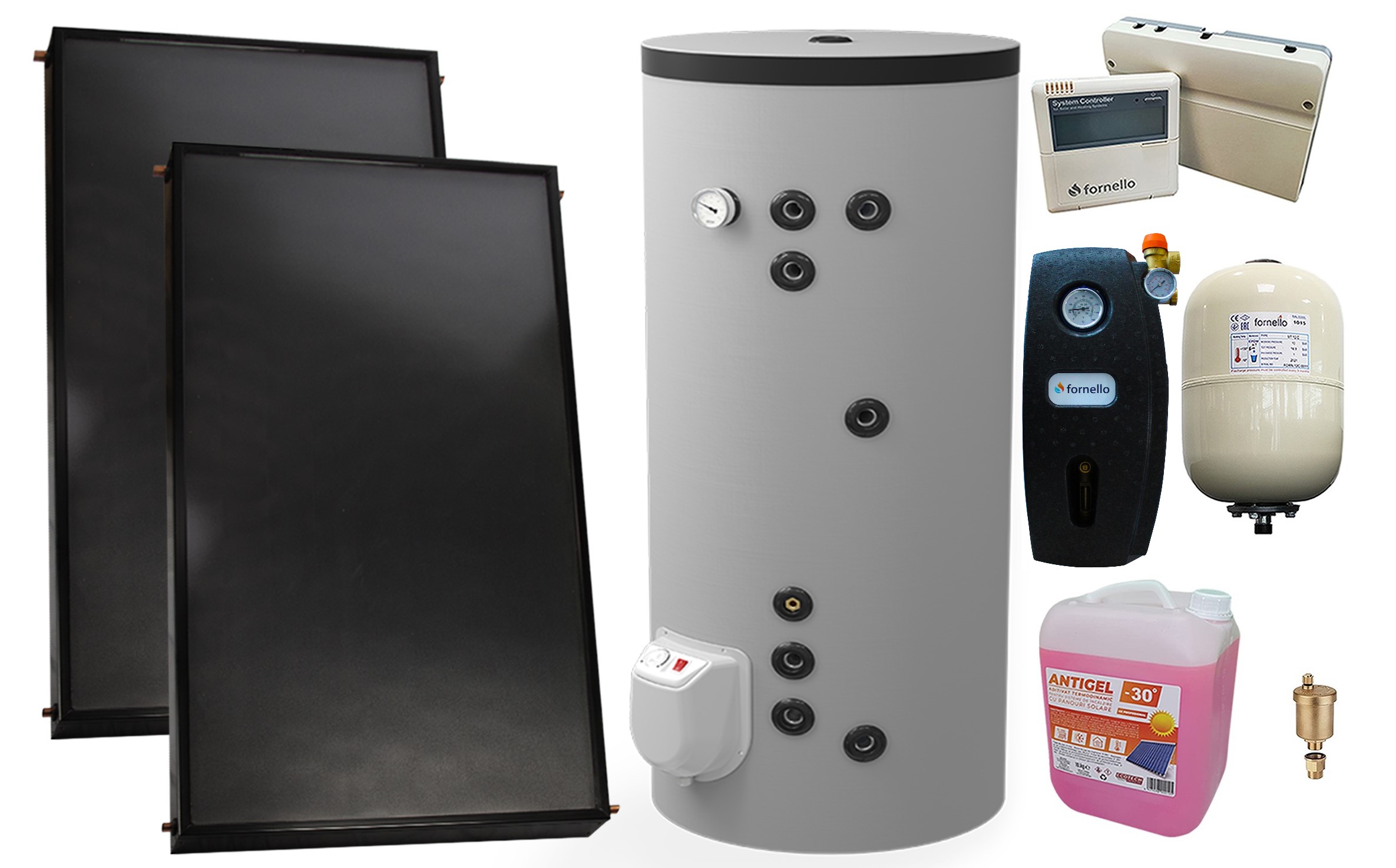 PPachet premium sistem solar presurizat, 2 x Panou solar plan Fornello 2.0 m² SPFP, Boiler cu 2 serpentine si rezistenta electrica  Eldom FV20060S21 de 200 l, grup pompare, controller, vas expansiune, antigel, aerisitor 1/2