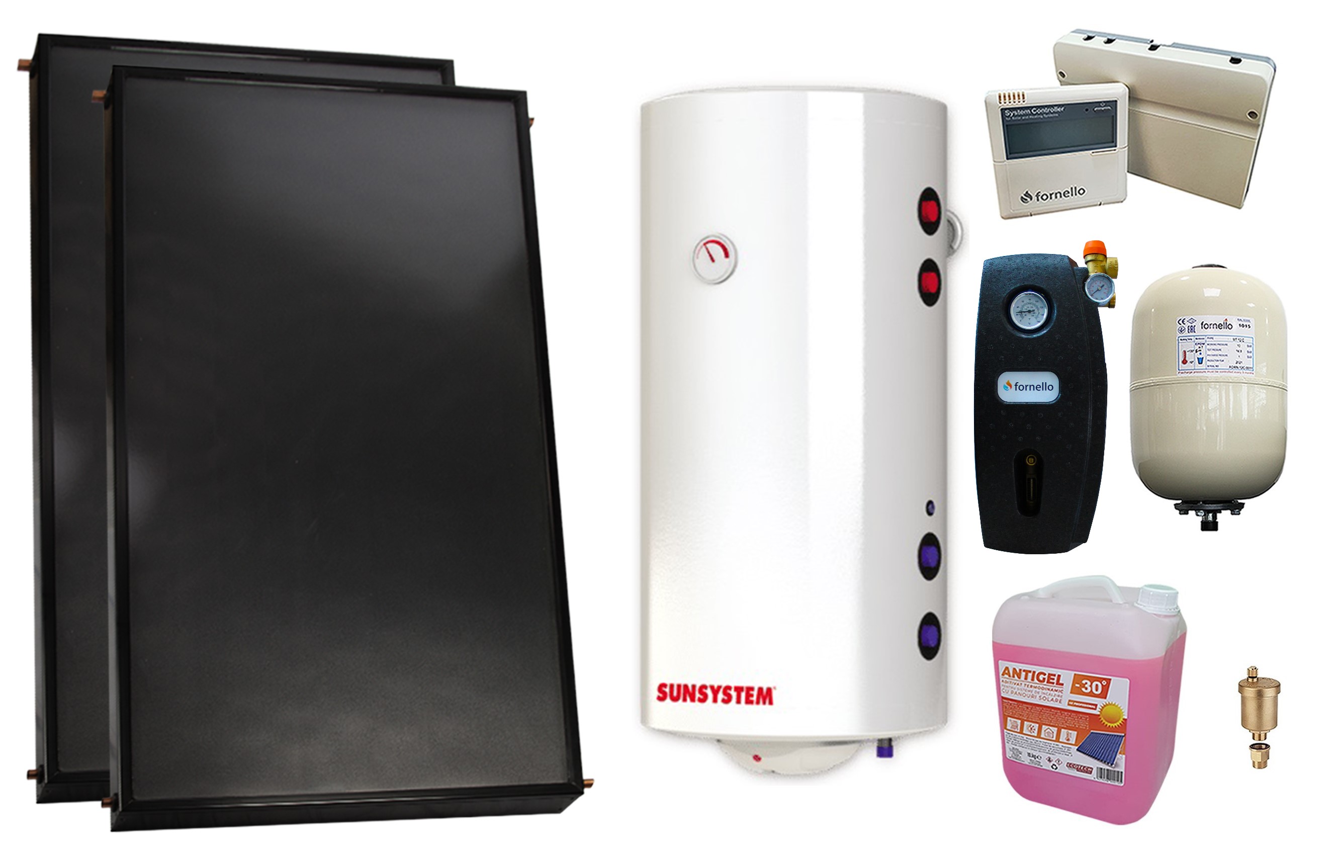 Pachet premium sistem solar presurizat, 2 x Panou solar plan Fornello 2.0 m² SPFP, Boiler cu 2 serpentine si rezistenta electrica Sunsystem BB NL2 150 PRL 3KW, grup pompare, controller, vas expansiune, antigel, aerisitor 1/2