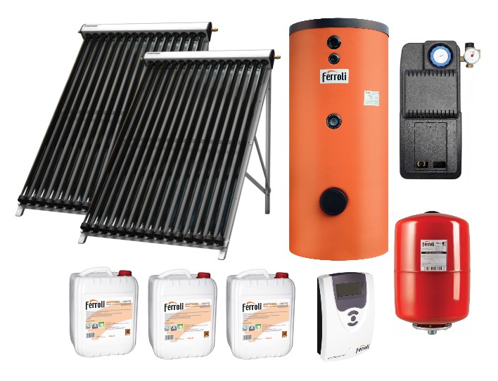 Pachet Panou Solar Ferroli ECOTUBE NEW 2x25 TUBURI vidate heatpipe, Boiler cu 2 serpentine 500 litri, grup circulatie fortata IDRO 12S EASY, Panou comanda ECOTRONIC PRO, Vas Expansiune si Antigel Solar