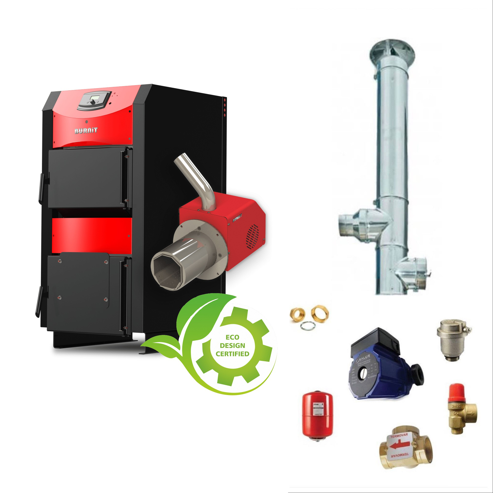 Pachet Centrala mixta combustibil solid si peleti Burnit NWB PRIME 30 kW si Arzator peleti Pell Eco 35 kW, ventilator, automatizare, flansa arzator, serpentina de racire, cos de fum 6 m dn 200, pompa, vas expansiune, supapa, aerisitor, vana