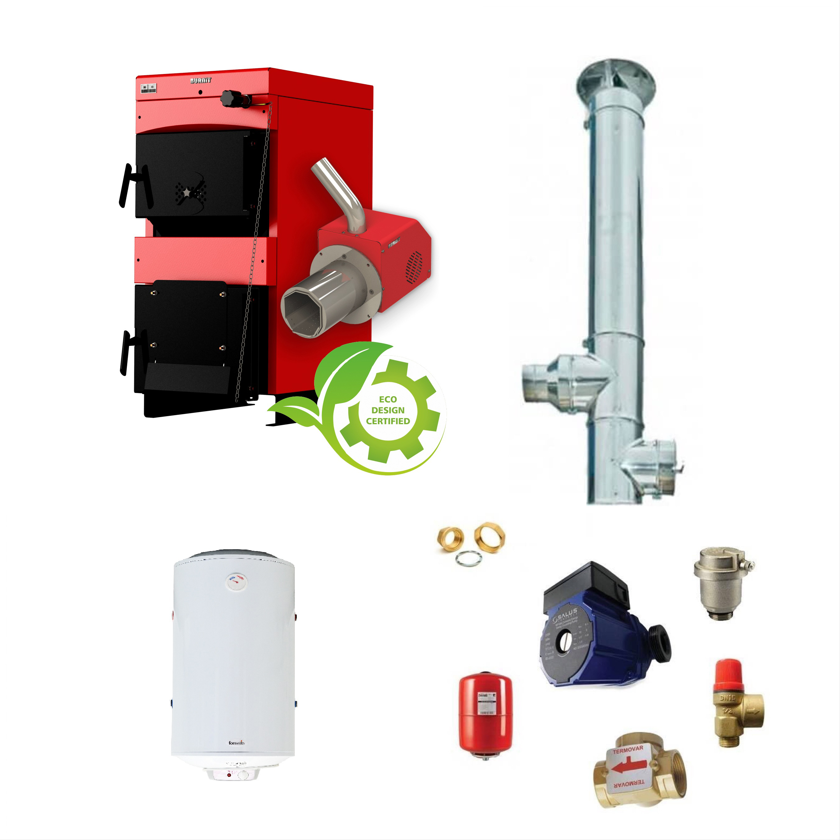 Pachet Centrala mixta combustibil solid si peleti Burnit NWB MAX 55 kW si Arzator pe peleti Pell Eco 35 kW, boiler Fornello 100 l, pompa 25-60, vas expansiune, supapa, aerisitor, termostat de contact, vana 3 cai, cos inox diametru 200 mm du