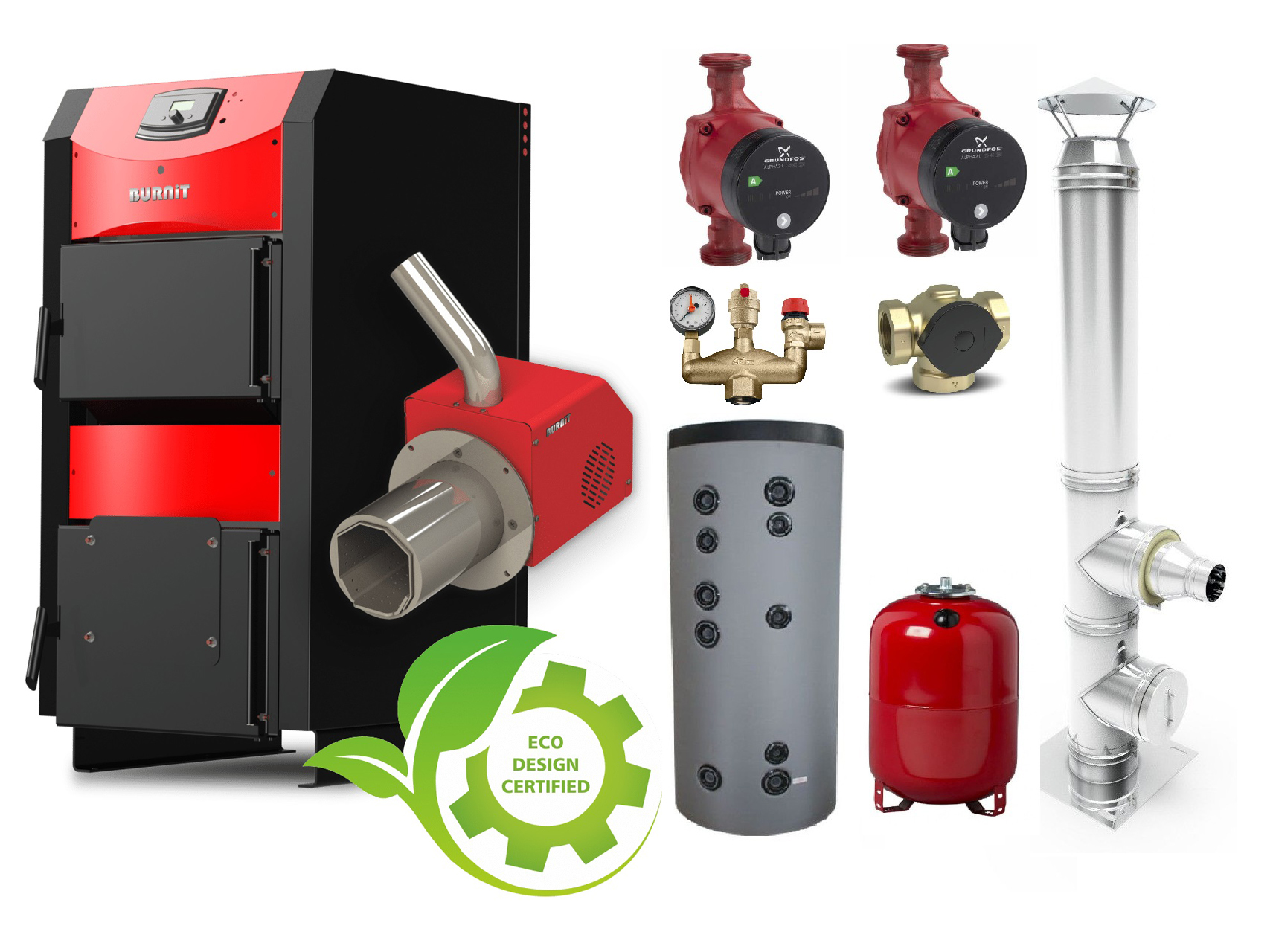 Pachet Centrala mixta combustibil solid si peleti Burnit NWB PRIME 30 kW si Arzator pe peleti Pell Eco 35 kW, cos de fum Fornello inox 6 metri D 200 mm, boiler SON 150 litri 2 serpentine, 2 pompe Grundfos , Vas expansiune 35 litri, termoven