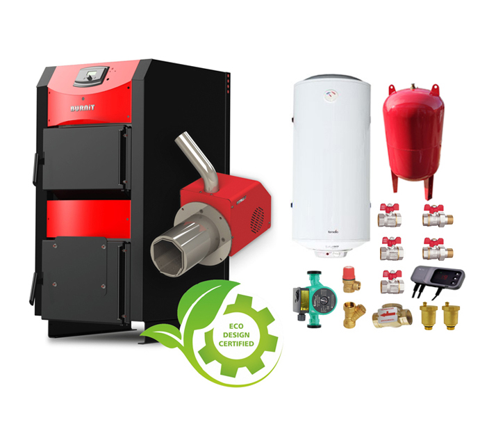 Pachet Centrala mixta combustibil solid si peleti Burnit NWB PRIME 50 kW si Arzator pe peleti Pell Eco 35 kW,ventilator, automatizare, serpentina racire, flansa arzator, pompa circulatie 25-60, vas expansiune 50 l, boiler termoelectric Forn