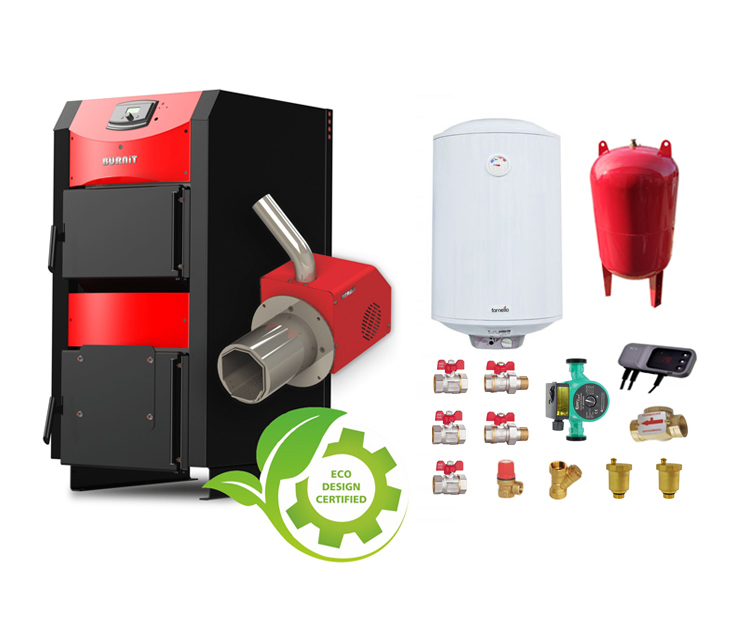Pachet Centrala mixta combustibil solid si peleti Burnit NWB PRIME 40 kW si Arzator pe peleti Pell Eco 35 kW, ventilator si automatizare, serpentina racire, flansa arzator, pompa circulatie 25-60, vas expansiune 50 l, boiler termoelectric F