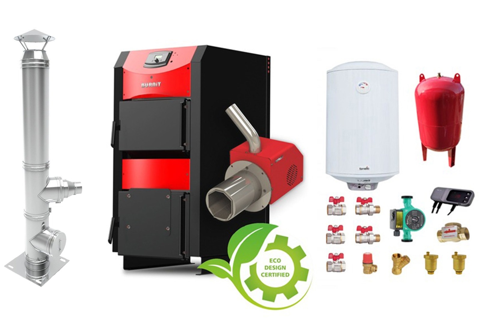 Pachet Centrala mixta combustibil solid si peleti Burnit NWB PRIME 30 kW si Arzator pe peleti Pell Eco 35 kW, cos inox, ventilator, automatizare, serpentina racire, flansa arzator, pompa circulatie 25-60, vas expansiune 35 l, boiler termoel