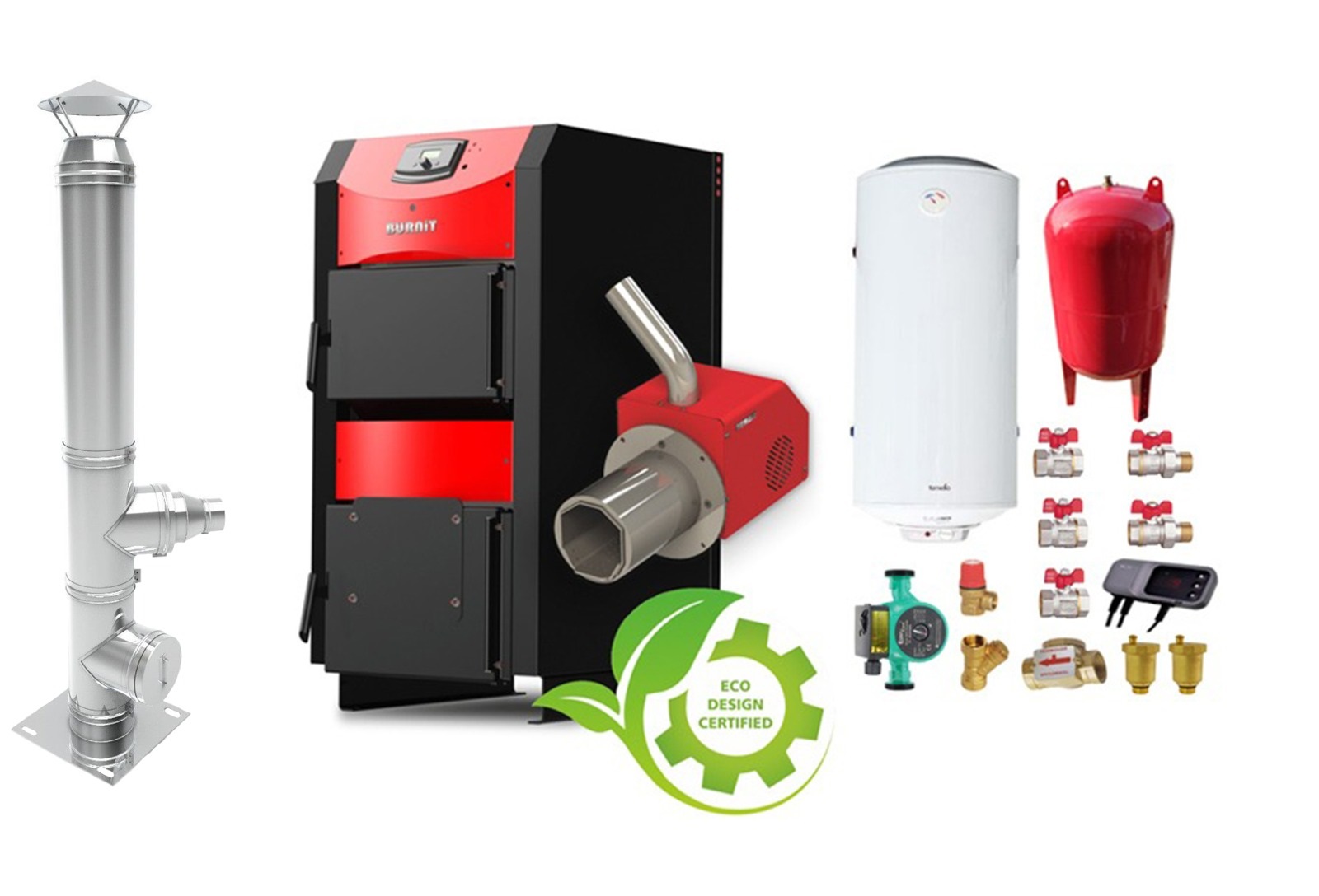 Pachet Centrala mixta combustibil solid si peleti Burnit NWB PRIME 50 kW si Arzator pe peleti Pell Eco 35 kW, cos inox, ventilator, automatizare, serpentina racire, flansa arzator, pompa circulatie 25-60, vas expansiune 50 l, boiler termoel