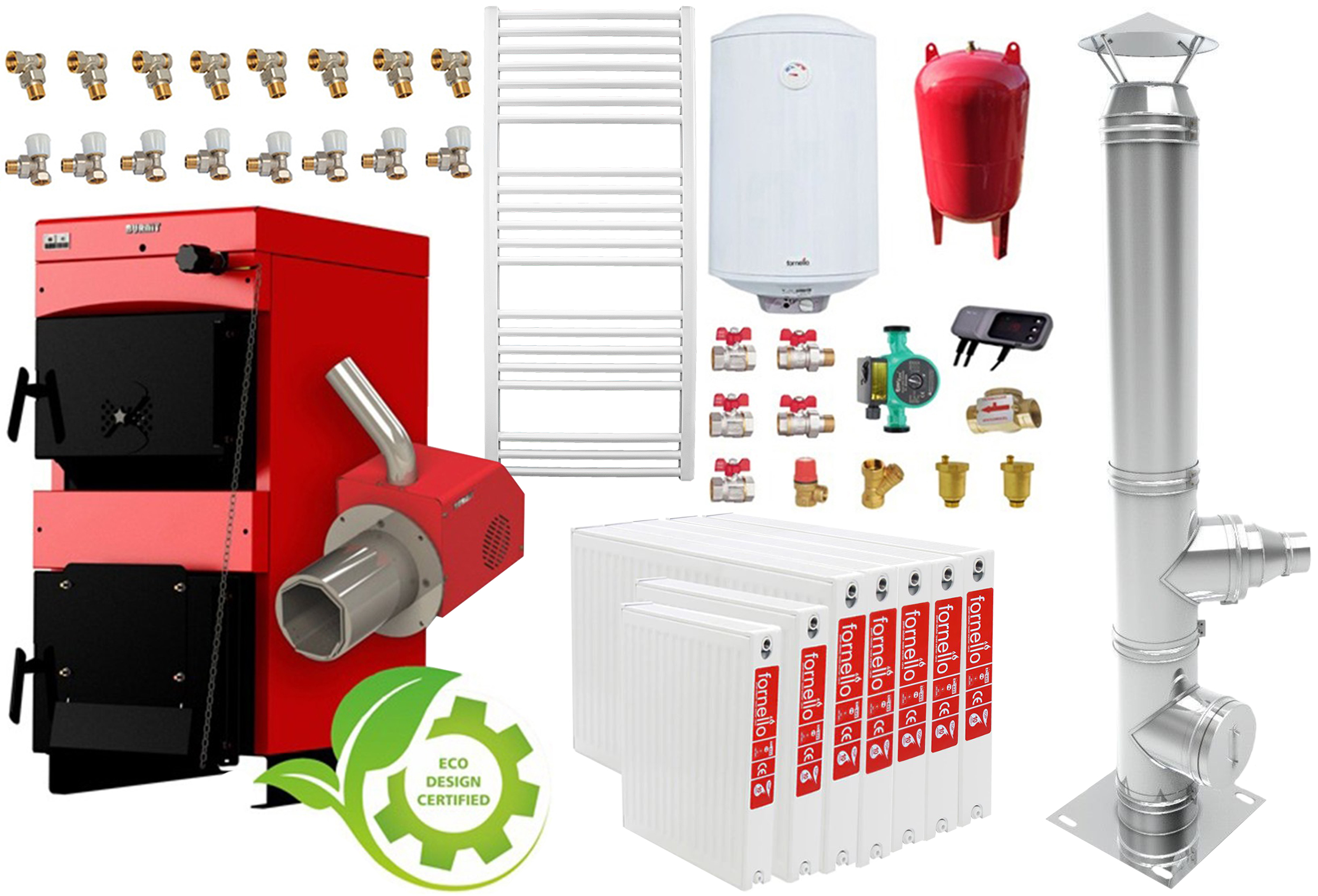 Pachet incalzire si apa calda 6 camere Centrala mixta combustibil solid si peleti Burnit NWB MAX 55 kW si Arzator pe peleti Pell Eco 35 kW, calorifere, cos inox, pompa circulatie evp 25-60, vas expansiune 50 l, boiler termoelectric Fornello