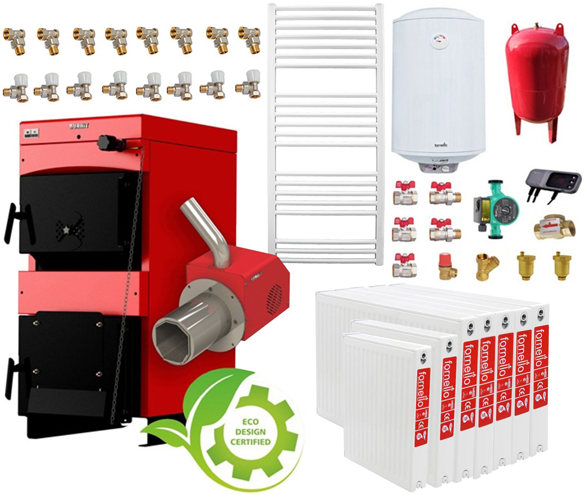 Pachet incalzire si apa calda 6 camere Centrala mixta combustibil solid si peleti Burnit NWB MAX 55 kW si Arzator pe peleti Pell Eco 35 kW, calorifere, pompa circulatie evp 25-60, vas expansiune 50 l, boiler termoelectric Fornello 120 l si 