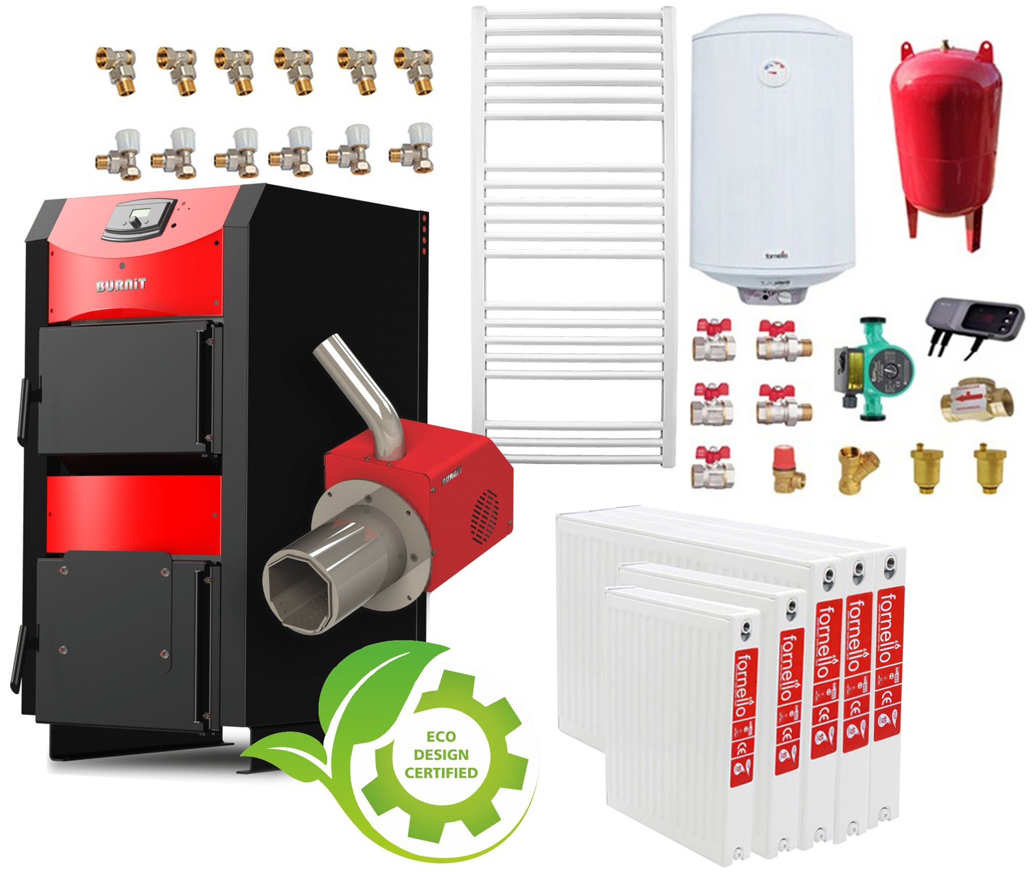 Pachet incalzire si apa calda 4 camere Centrala mixta combustibil solid si peleti Burnit NWB PRIME 30 kW si Arzator pe peleti Pell Eco 35 kW, calorifere, ventilator, automatizare, serpentina racire, flansa arzator, pompa circulatie 25-60, v