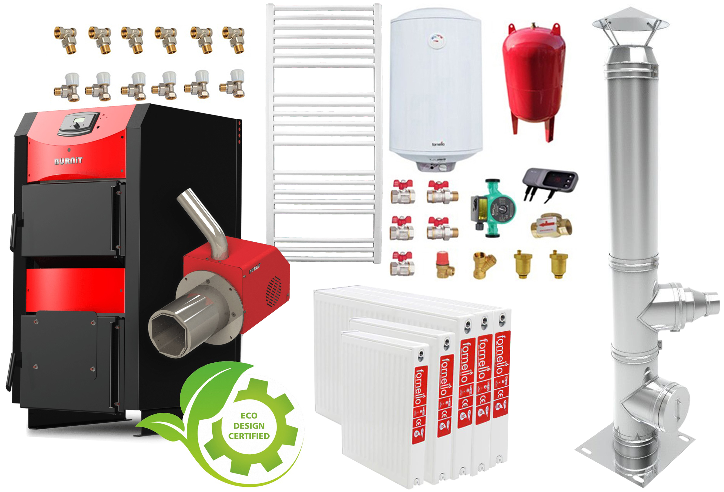 Pachet incalzire si apa calda 4 camere Centrala mixta combustibil solid si peleti Burnit NWB PRIME 30 kW si Arzator pe peleti Pell Eco 35 kW, calorifere, cos inox, ventilator, automatizare, serpentina racire, flansa arzator, pompa circulati