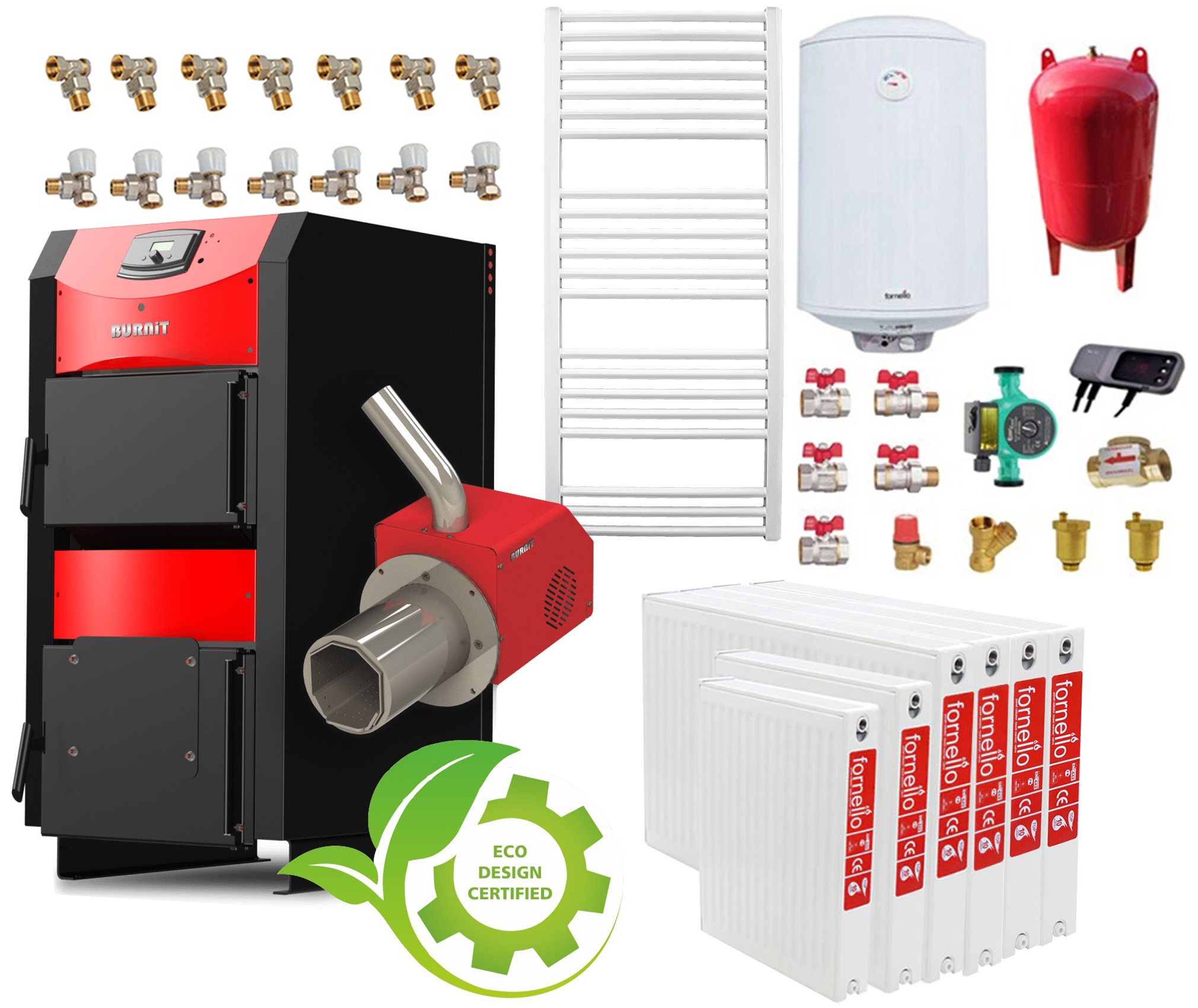 Pachet incalzire si apa calda 5 camere Centrala mixta combustibil solid si peleti Burnit NWB PRIME 40 kW si Arzator pe peleti Pell Eco 35 kW, ventilator si automatizare, serpentina racire, flansa arzator, calorifere, pompa circulatie 25-60,