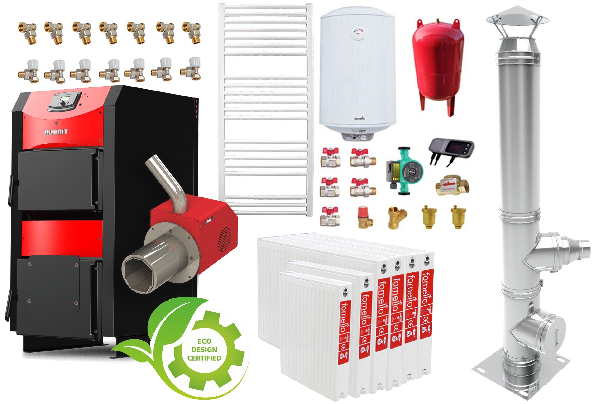 Pachet incalzire si apa calda 5 camere Centrala mixta combustibil solid si peleti Burnit NWB PRIME 40 kW si Arzator pe peleti Pell Eco 35 kW, calorifere, cos inox, ventilator si automatizare, serpentina racire, flansa arzator, pompa circula