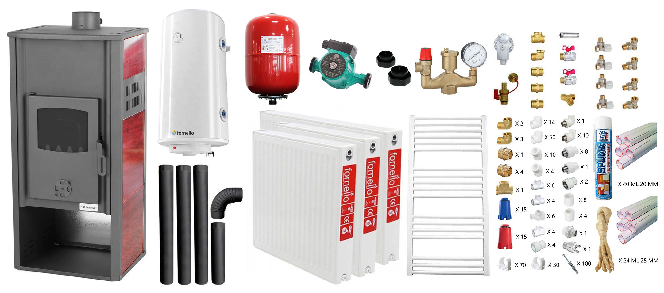 Pachet incalzire si apa calda pentru 2 camere Termosemineu pe lemne, brichete si carbune Fornello Roma E, 22 kW, 49x45x103 cm, teava PPR cu fitinguri, boiler termoelectric 100l, vas expansiune, pompa circulatie, kit evacuare, calorifere si 
