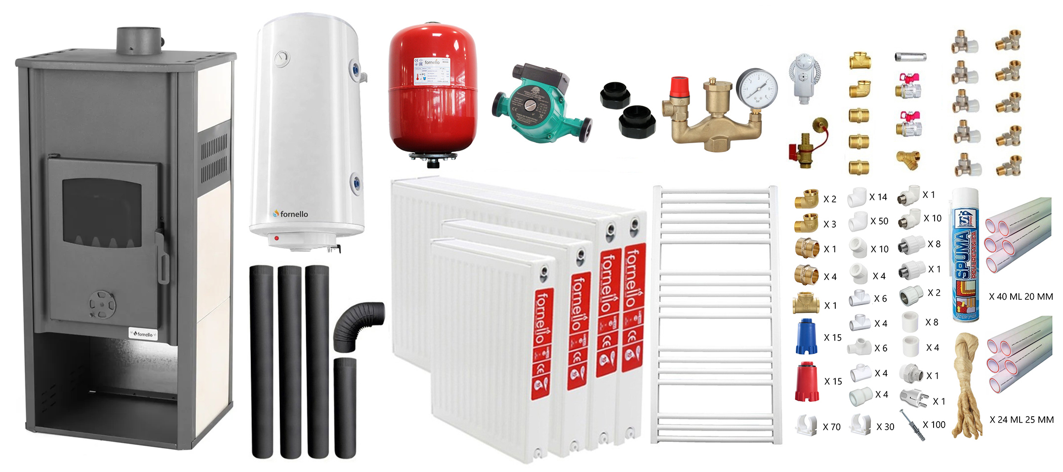 Pachet incalzire si apa calda pentru 3 camere Termosemineu pe lemne, brichete si carbune Fornello Roma E, Ivory, 22 kW, 49x45x103 cm, teava PPR si fitinguri, boiler termoelectric 100l, vas expansiune, pompa circulatie, kit evacuare, calorif