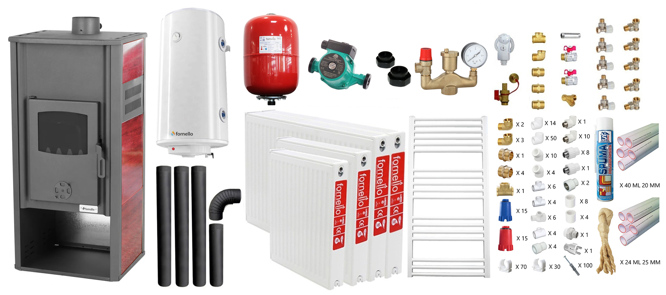 Pachet incalzire si apa calda pentru 3 camere Termosemineu pe lemne, brichete si carbune Fornello Roma E, Bordeaux, 22 kW, 49x45x103 cm, teava PPR si fitinguri, boiler termoelectric 100l, vas expansiune, pompa circulatie, kit evacuare, calo