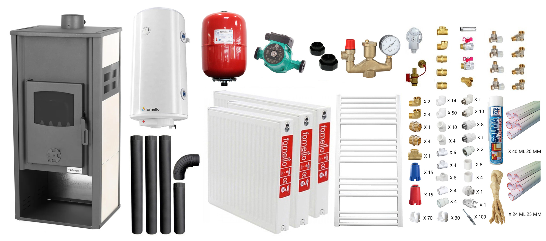 Pachet incalzire si apa calda pentru 2 camere Termosemineu pe lemne, brichete si carbune Fornello Roma E, Ivory, 22 kW, 49x45x103 cm, teava PPR si fitinguri, boiler termoelectric 100l, vas expansiune, pompa circulatie, kit evacuare, calorif