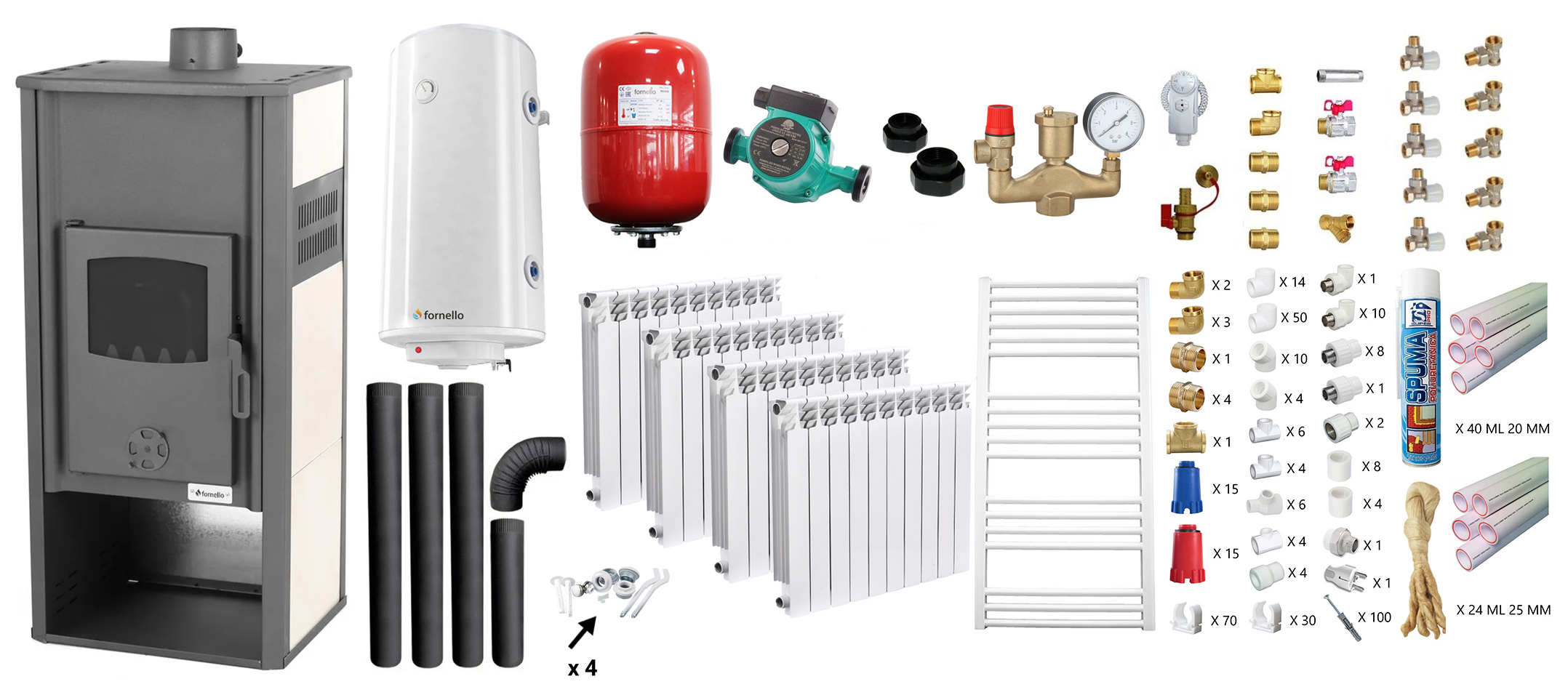 Pachet incalzire si apa calda Termosemineu pe lemne, brichete si carbune Fornello Roma E, Ivory, 22 kW, calorifere aluminiu Fornello Alvo, teava PPR si fitinguri, boiler termoelectric 100l, vas expansiune, pompa circulatie, kit evacuare kit