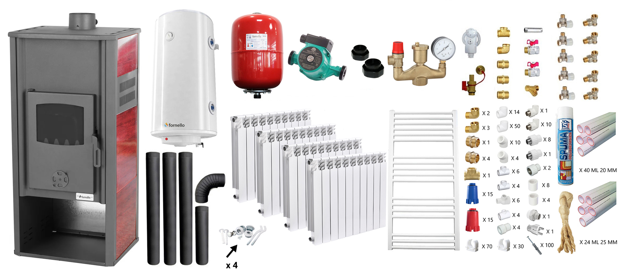 Pachet incalzire si apa calda Termosemineu pe lemne, brichete si carbune Fornello Roma E, Bordeaux, 22 kW, calorifere aluminiu Fornello Alvo, teava PPR si fitinguri, boiler termoelectric 100l, vas expansiune, pompa circulatie, kit evacuare 