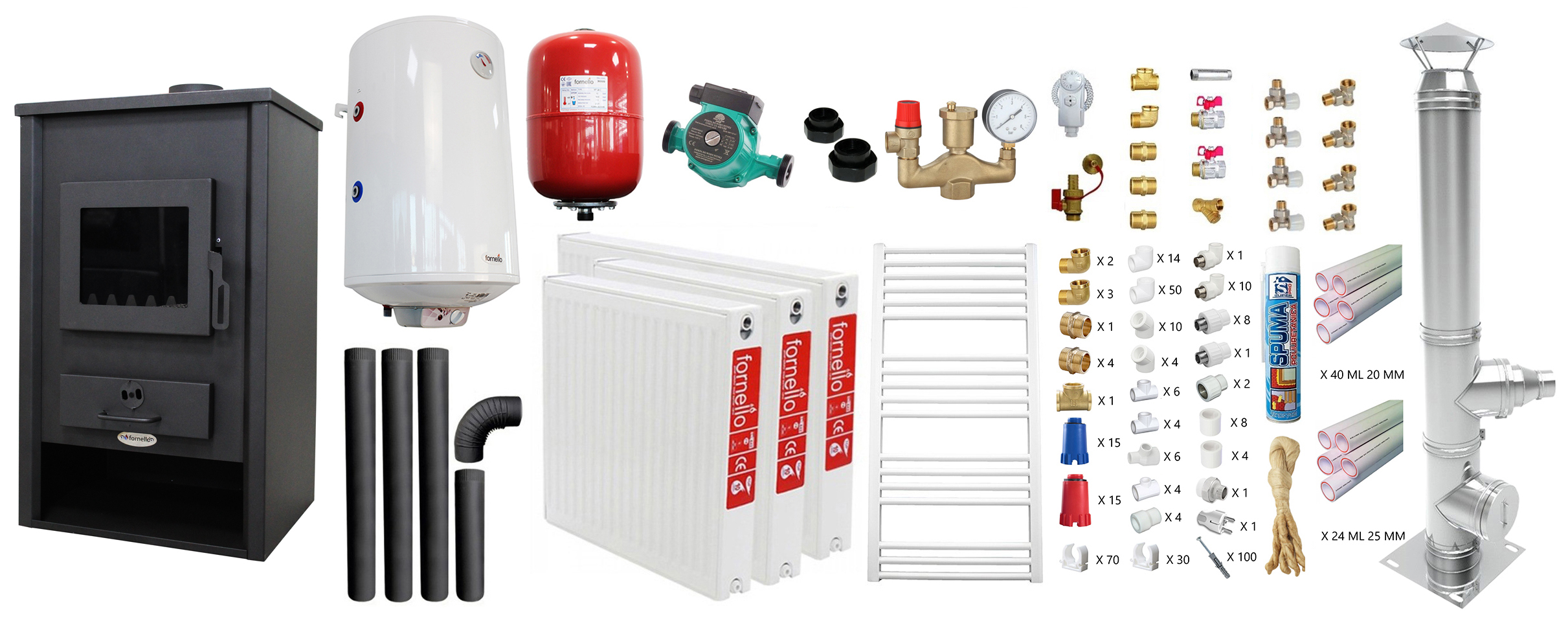 Pachet incalzire si apa calda pentru 2 camere Termosemineu pe lemne, brichete si carbune Fornello Padova E, 19.4 kW, 510x500x910 mm, cos inox, teava PPR si fitinguri, boiler termoelectric 80l, vas expansiune, pompa circulare, calorifere si 