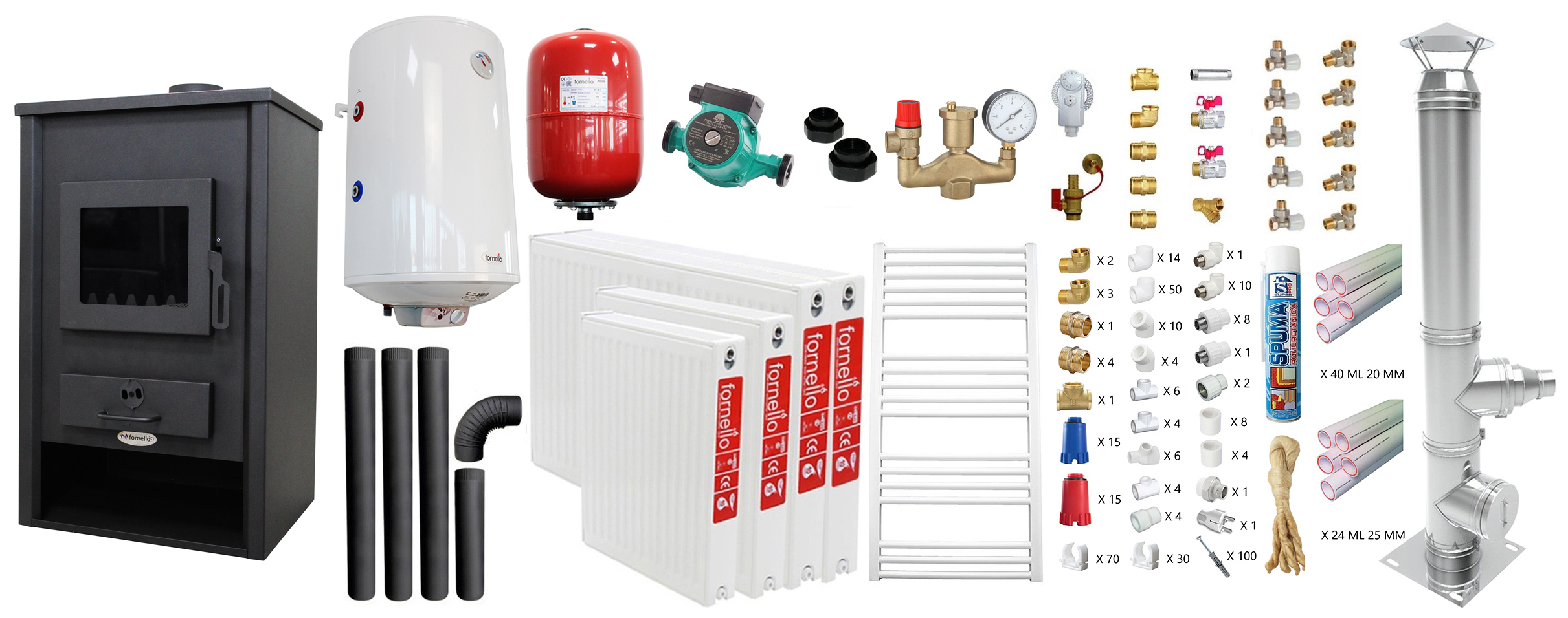 Pachet incalzire si apa calda pentru 3 camere Termosemineu pe lemne, brichete si carbune Fornello PADOVA E, 19.4 kW, 510x500x910 mm, cos inox, teava PPR si fitinguri, boiler termoelectric 80l, vas expansiune, pompa circulatie, calorifere si