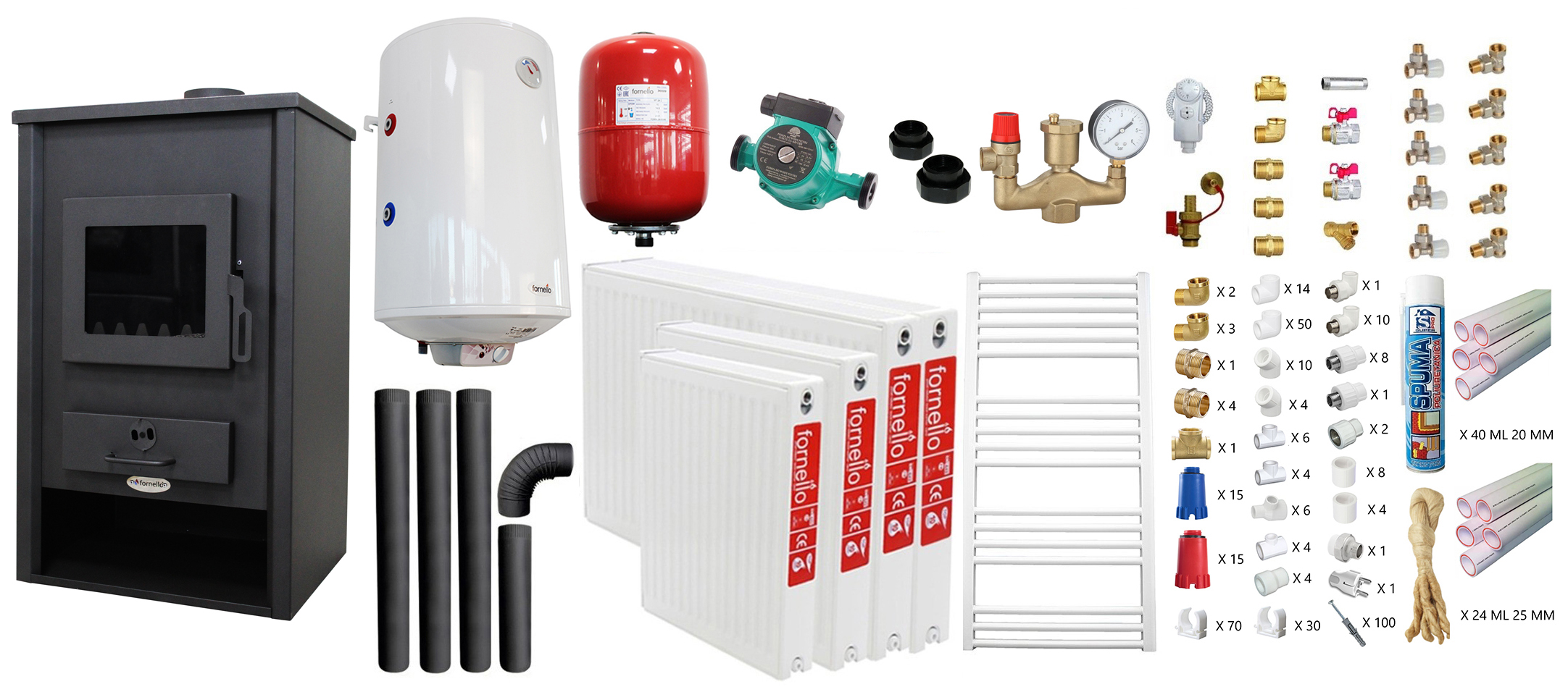 Pachet incalzire si apa calda pentru 3 camere Termosemineu pe lemne, brichete si carbune Fornello PADOVA E, 19.4 kW, 510x500x910 mm, teava PPR si fitinguri, boiler termoelectric 80l, vas expansiune, pompa circulare, calorifere, kit evacuare