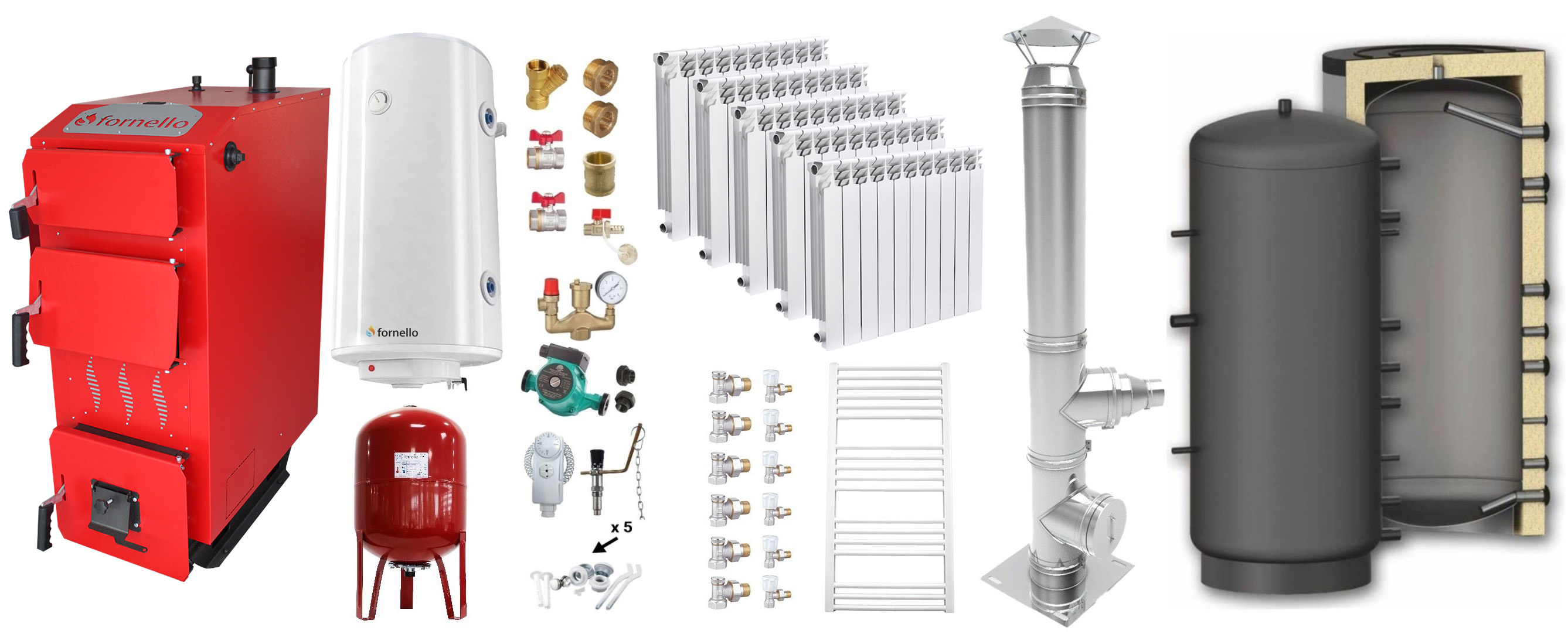 Pachet Cazan (centrala) pe combustibil solid, (lemn, carbune), Fornello Praktik 25 kW, Puffer 800 litri, Cos Inox, Calorifere Aluminiu Forenllo Alvo, Boiler, Vas Expansiune, Pompa, Fitinguri Montaj