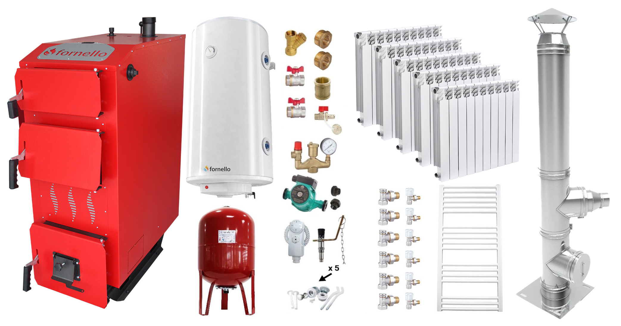 Pachet Cazan (centrala) pe combustibil solid, (lemn, carbune), Fornello Praktik 30 kW, Cos Inox, Calorifere Aluminiu Fornello Alvo, Boiler, Vas Expansiune, Pompa, Fitinguri Montaj
