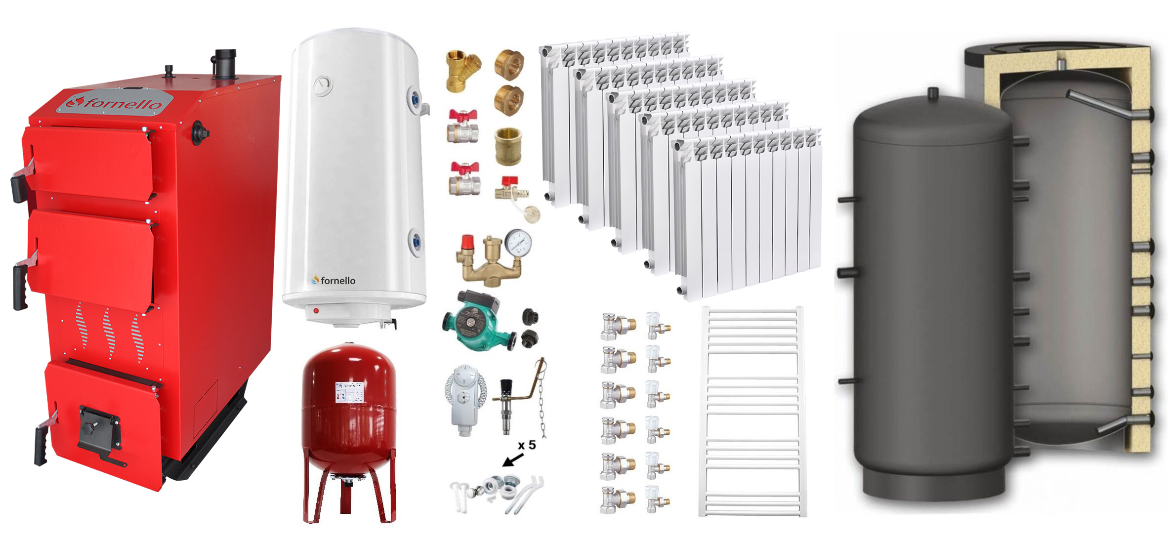 Pachet Cazan (centrala) pe combustibil solid, (lemn, carbune), Fornello Praktik 30 kW, Puffer 1000 litri, Calorifere Aluminiu Fornello Alvo, Boiler, Vas Expansiune, Pompa, Fitinguri Montaj