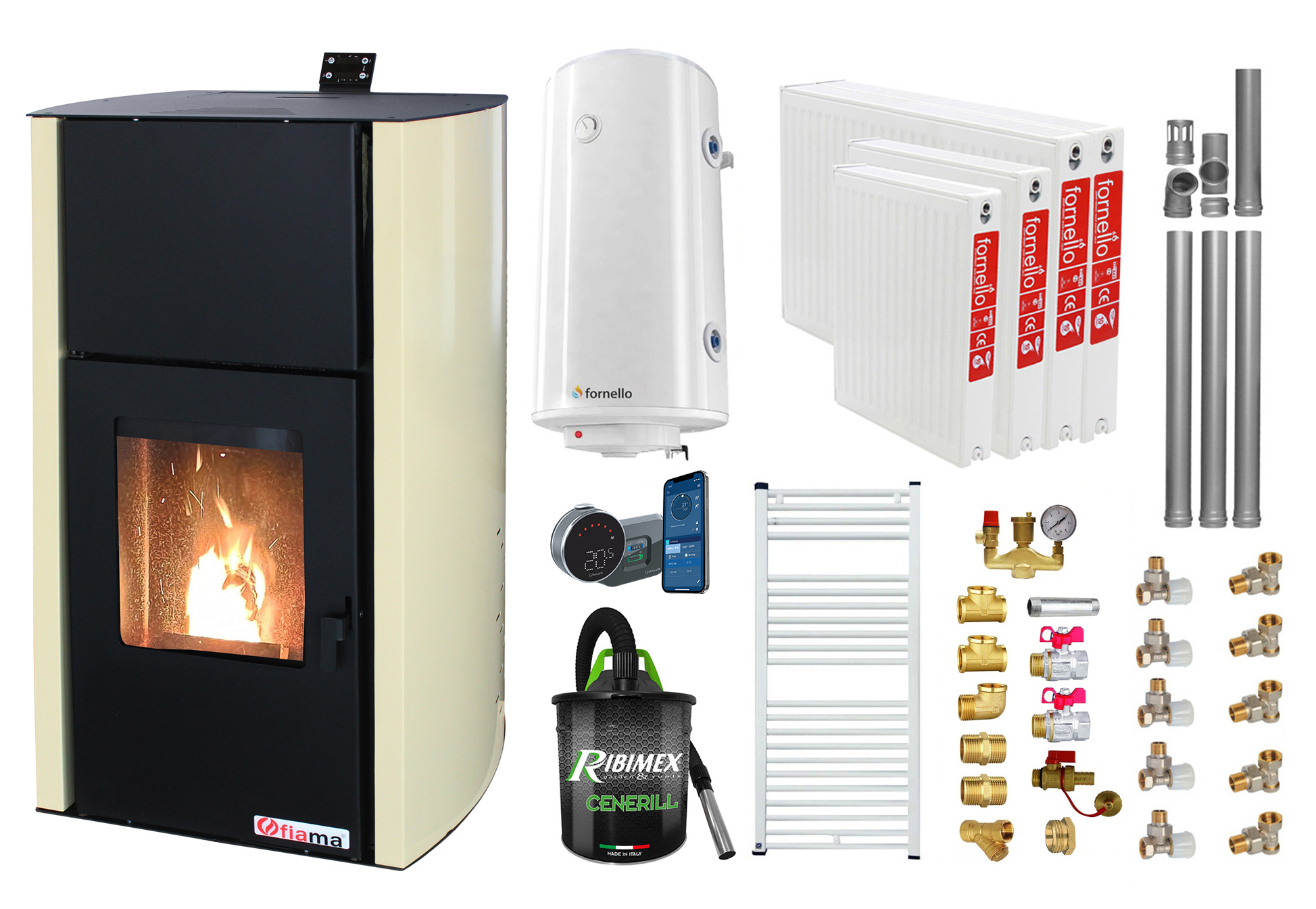 Pachet control de la distanta Termosemineu pe peleti Fornello Fiama Confort 30 kW, pompa, vas expansiune, automatizare, radiatoare otel, boiler, termostat, aspirator, kit evacuare 3.5 ml, fitinguri, buncar 35 kg, culoare crem, pana la 200 m