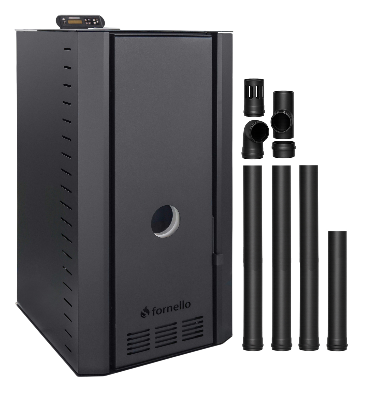 Pachet cazan pe peleti Fornello SERENA B, 25 kw, complet echipat cu pompa de circulatie, vas de expansiune, supapa siguranta, telecomanda, culoare Black, arzator fonta, kit evacuare 3.5 ml, pentru suprafete pana la 150 mp