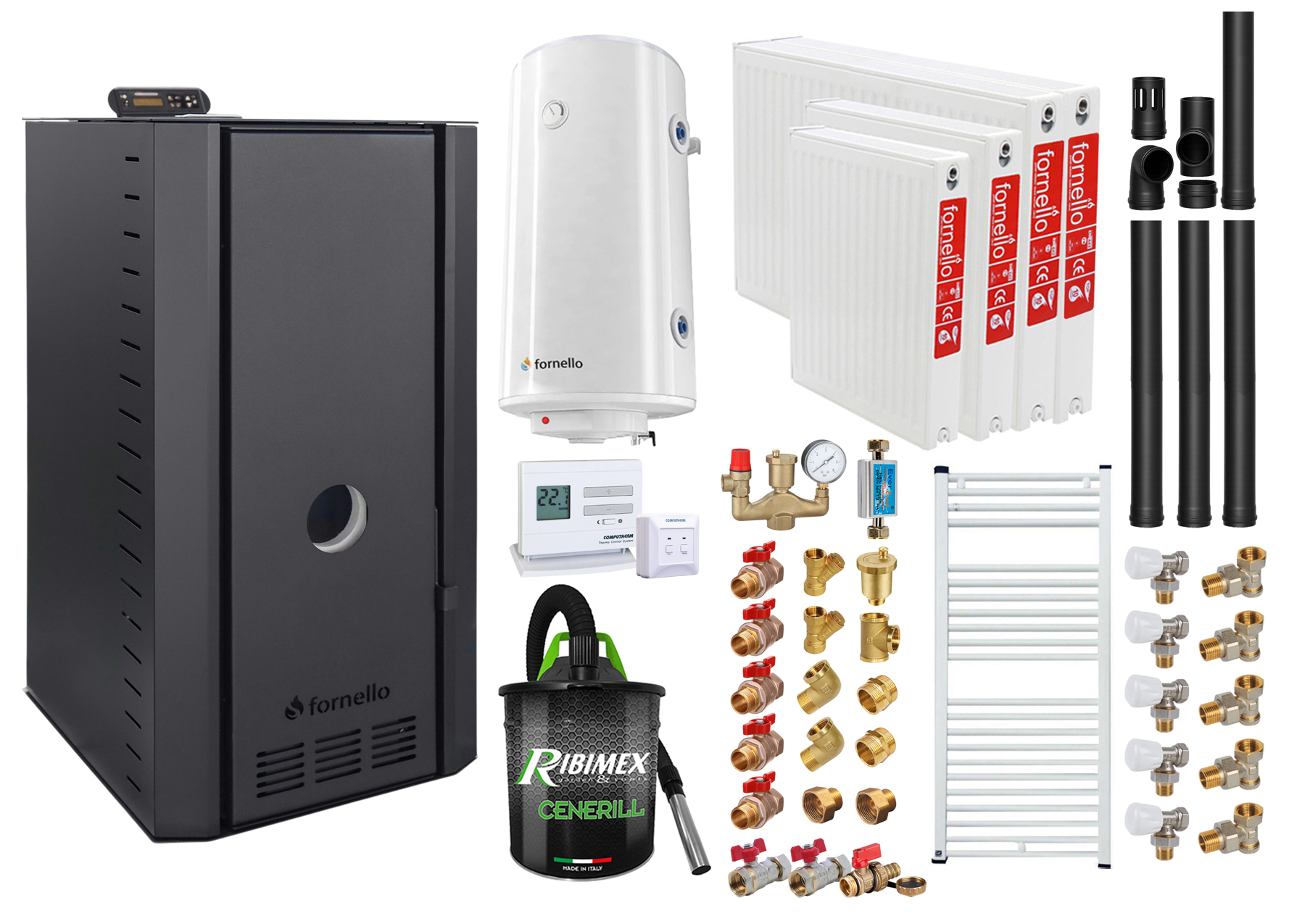 Pachet cazan pe peleti Fornello SERENA B, 25 kw, complet echipat cu pompa, vas expansiune, supapa siguranta, telecomanda, arzator fonta, radiatoare otel, boiler, termostat, aspirator, fitinguri, kit evacuare 3.5 ml, pana la 150 mp