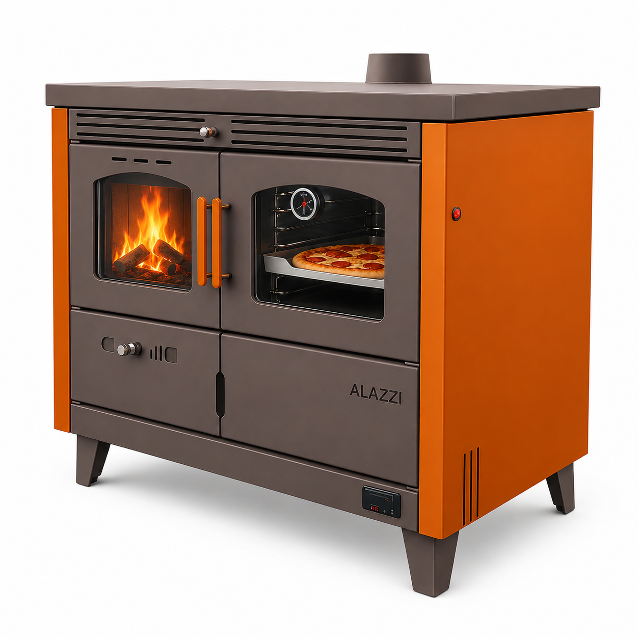 Termoșemineu pe combustibil solid (lemn/brichete/cărbune), Fornello Alazzi 25 kW, plită din fontă, cuptor iluminat si pompă de circulație, pentru încălzire și gătit, până la 150 mp