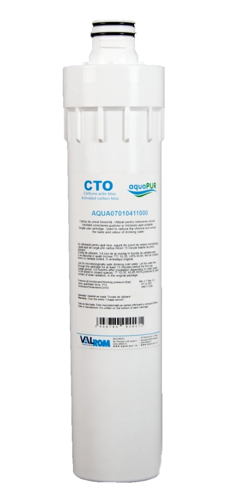 Cartus filtrant Aquapur, carbune activ bloc, pentru sistem filtrare, retine impuritati mecanice, substante organice, clor, 0.13 l/min, 1 micron